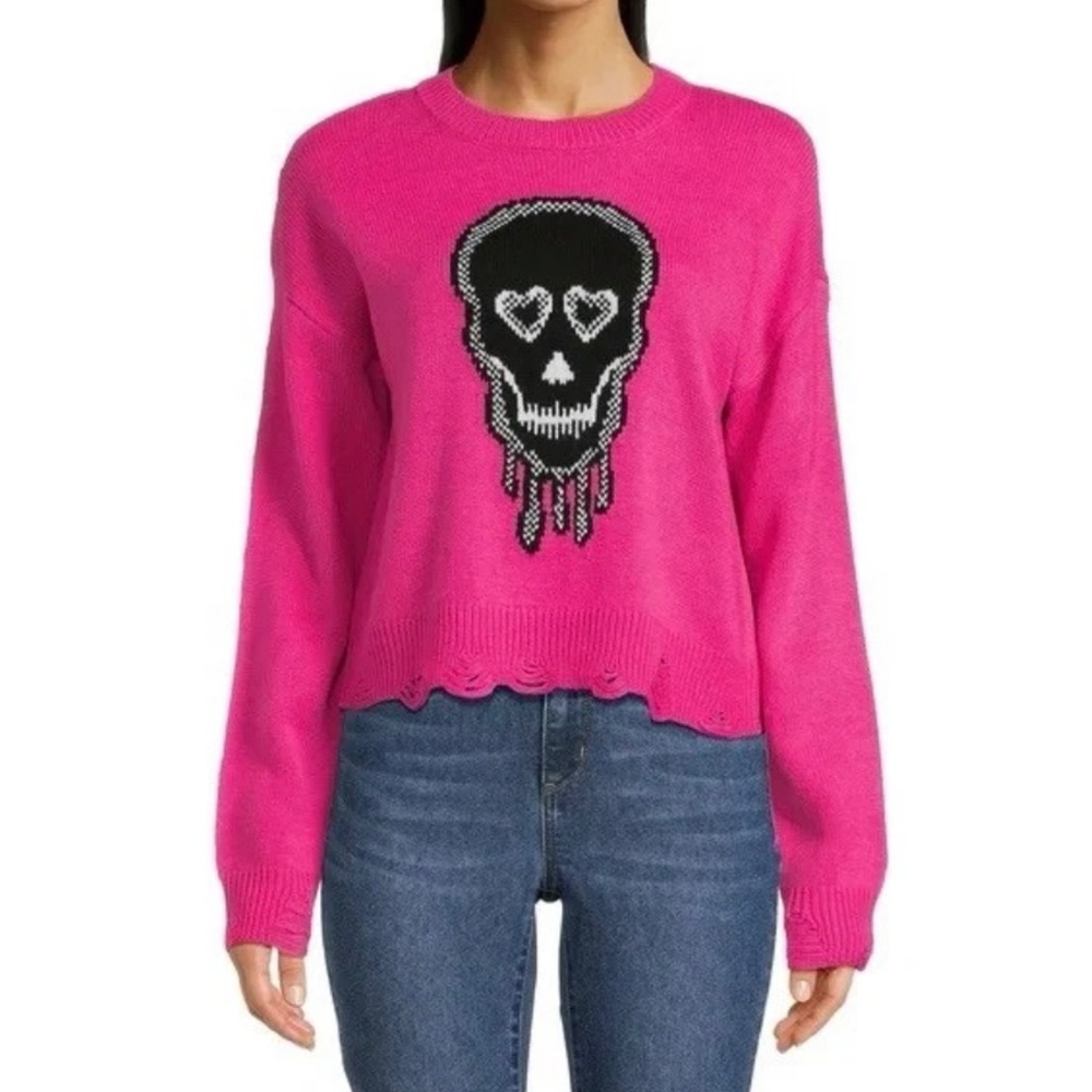 No Boundaries Distressed Skull Knit Cropped Sweater